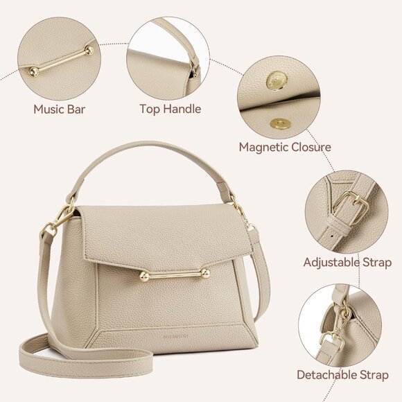 Small Vegan Leather Cream Crossbody Bag Women with Flap and Top Handle Design - Picture 4 of 7